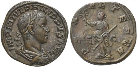 Philip II (247-249), Sestertius, Rome, 247-9. AE (g 15,69; mm 28; h 11). IMP M IVL PHILIPPVS AVG, Laureate, draped and cuirassed bust r. R/ PAX AETERNA, Pax standing l., holding branch and sceptre, S - C. RIC 268 var. (obv. legend