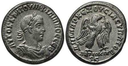 Philip II (247-249), Tetradrachm, Seleucis and Pieria, Antioch, AD 247. AR (g 12,94; mm 27; h 6). AYTOK K M IOYΛ ΦIΛIΠΠOC CEB, Laureate, draped and cuirassed bust r.; Rv. ΔHMAPK EΞOYCIAC YΠATOΔ, Eagle standing r., holding wreath i