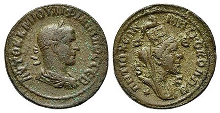 Philip II (247-249). Seleucis and Pieria, Antioch. AE (g 17,28; mm 31; h 12). AYTOK K M IOYΛ ΦIΛIΠΠOC CEB, Laureate, draped and cuirassed bust of Philip r.; Rv. ANTIOXEΩN MHTPO KOΛΩN, Turreted, draped and veiled bust of Tyche r.; 