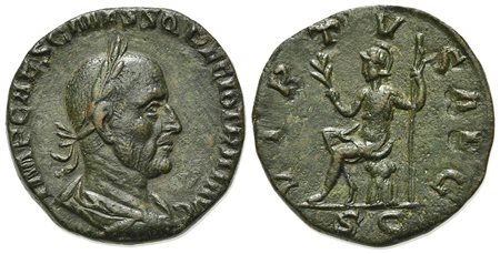 Trajan Decius (249-251), Sestertius, Rome, AD 249. AE (g 14.40, mm 27, h 1). IMP CAES C MESS Q DECIO TRAI AVG, Laureate, draped and cuirassed bust r.; Rv. VIRTVS AVG, Virtus seated l. on cuirass, holding branch and sceptre, S - C.