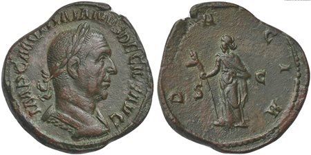 Trajan Decius (249-251), Sestertius, Rome, 249-250. AE (g 18,58; mm 30; h 12). IMP C M Q TRAIANVS DECIVS AVG, Laureate and cuirassed bust r., Rv. DACIA, Dacia standing l., holding staff surmounted by head of ass, S - C. RIC 112a. 