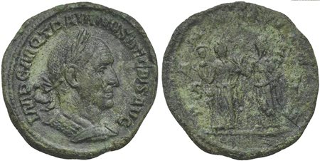 Trajan Decius (249-251), Sestertius, Rome, AD 250. AE (g 20,84; mm 31; h 12). IMP C M Q TRAIANVS DECIVS AVG, Laureate and cuirassed bust r., Rv. PANNONIAE, The two Pannoniae standing back to back, each holding signum, S - C. RIC 1