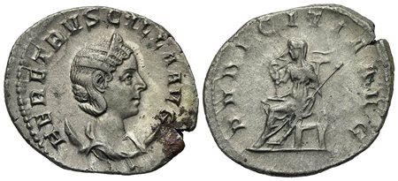 Herennia Etruscilla (Augusta, 249-251), Antoninianus, Rome, AD 250. AR (g 3,82; mm 22,5; h 6). HER ETRVSCILLA AVG, Draped bust r., wearing stephane, set on crescent; Rv. PVDICITIA AVG, Pudicitia seated l., drawing veil and holding