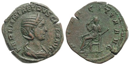 Herennia Etruscilla (Augusta, 249-251), Sestertius, Rome, AD 250. AE (g 20.04, mm 31, h 12). HERENNIA ETRVSCILLA AVG, Draped bust r., wearing stephane; Rv. PVDICITIA AVG, Pudicitia seated l., drawing veil and holding sceptre. RIC 