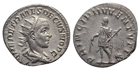 Herennius Etruscus (Caesar, 249-251), Antoninianus, Rome, AD 250. AR (g 3,10; mm 22; h 2). HER ETR MES DEC DECIVS NOB C, Radiate and draped bust r.; Rv. PRINCIPI IVVENTVTIS, Herennius standing l., holding baton and spear. RIC 147c