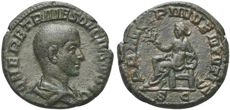 Herennius Etruscus (Caesar, 249-251), As, Rome, 250-1. AE (g 9,76; mm 26; h 11). Q HER ETR MES DECIVS NOB C, Bare-headed, draped and cuirassed bust r. Rv. PRINCIPI IVVENTVTIS, Apollo seated l., holding branch and resting l. elbow 