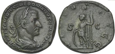 Trebonianus Gallus (251-253), Sestertius, Rome, 251-2. AE (g 17,65; mm 30; h 5). IMP CAES C VIBIVS TREBONIANVS GALLVS AVG, Laureate, draped and cuirassed bust r., Rv. VIRTVS AVGG, Virtus standing l., holding shield and reversed sp