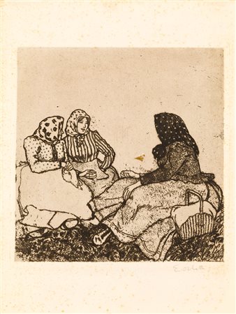 EMIL ORLIK (1870-1932) - Drei Bäuerinnen im Gespräch – Am Sonntag (Böhmen). (Tre donne contadine in conversazioni domenica in Boemia), 1905 circa