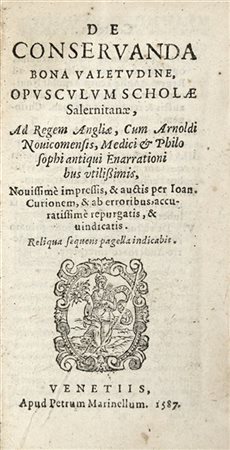 [GASTRONOMIA] - De conservanda bona valetudine. Venezia: Pietro Marinello, 1587
