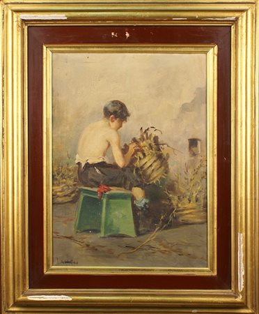 TEMISTOCLE LAMESI Italia 1870 - 1957 "Bambino con cesta", olio su tela,...