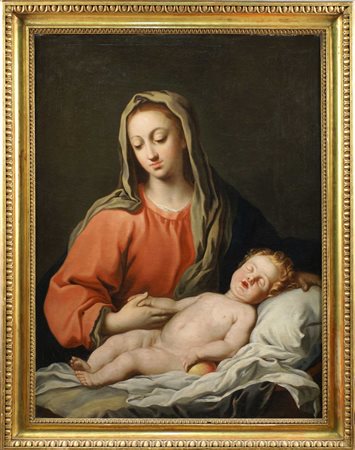 SCUOLA ITALIANA XVIII Sec. "Madonna con Bambino", olio su tela, entro cornice...