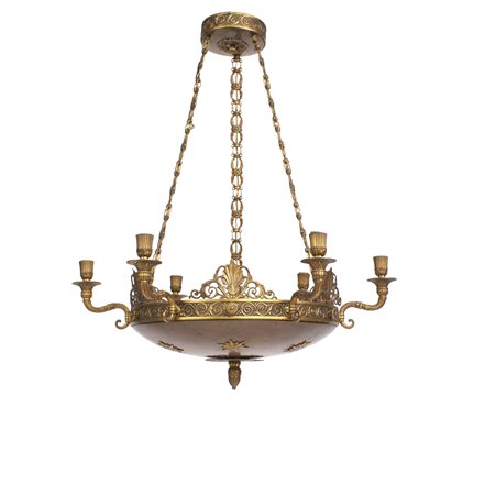 LAMPADARIO IMPERO IN BRONZO DORATO E BRUNITO Francia fine del XIX Sec. A nove...