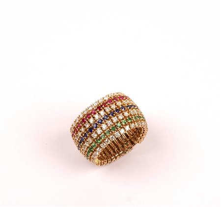 ANELLO MULTICOLOR A FASCIA MORBIDA In oro giallo 18kt e diamanti taglio...