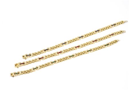 TRE BRACCIALI IN ORO GIALLO 18KT MAGLIA PANTHERE Alternata ad elementi con...