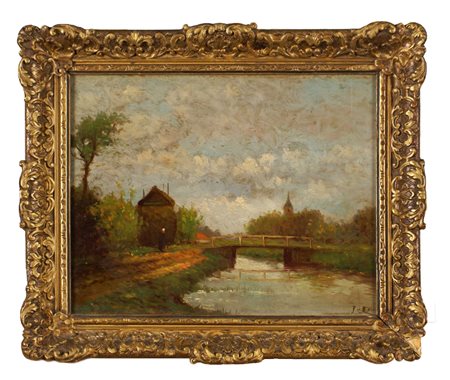 SEGUACE DI J. B. COROT XX Sec. "Paesaggio fluviale", olio su tavola, firmato...