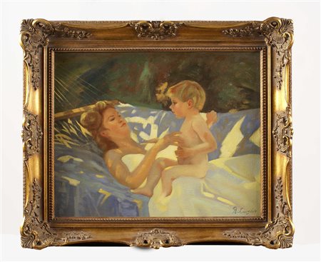 R. LANGLOIS XX Sec. "Mamma con bambino", olio su tela, firmato in basso a...