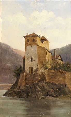 SCUOLA FRANCESE XIX Sec. "Paesaggio lacustre", olio su tavola Dim. 42x26,5 cm.