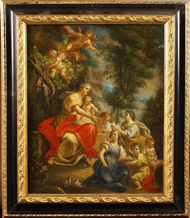 ANONIMO Italia XIX Sec. "Scena mitologica con putti", olio su rame, entro...