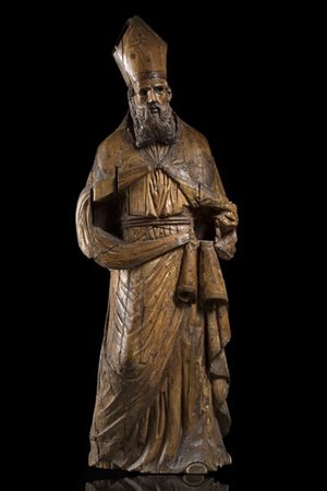 Scultore del secolo XVII "Vescovo" figura in legno intagliato (h. cm 160) (manc