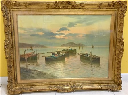 De Luca "Marina con barche e pescatori" olio su tela (cm 51x72) Firmato in basso