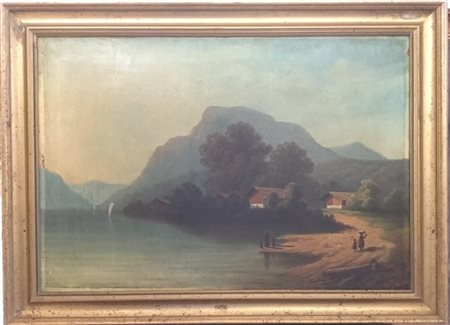 R. Heidland "Paesaggio lacustre" olio su tela (cm 50x72) Firmato in basso a dest