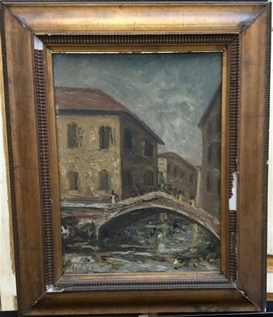 Pizzi "Scorcio del Naviglio a Milano" olio su compensato (cm 40x30) Firmato in b