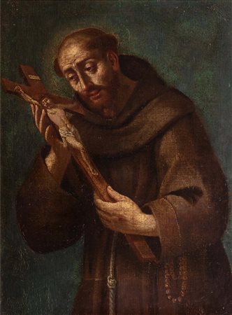 Scuola romana, secolo XVII - San Francesco d'Assisi in adorazione del Crocifisso