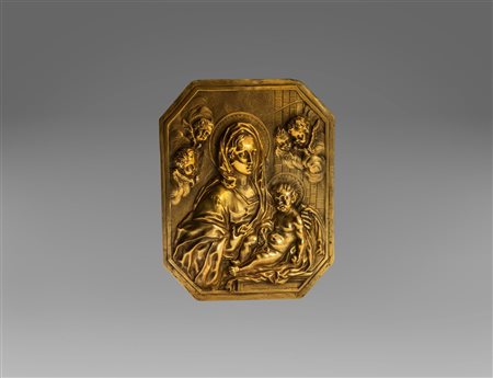 Placca in bronzo dorato raffigurante Madonna con Bambino e Angeli, Roma secolo XVII