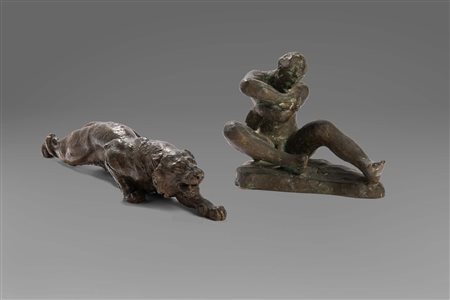 Lotto di due sculture in bronzo di piccolo formato: Saverio Gatto, Nudo maschile; e Tigre distesa