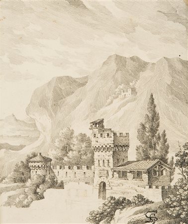 Scuola italiana del XIX secolo - Paesaggio montano con castello