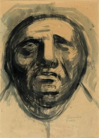 EMILIO SCANAVINO (1922-1986) Autoritratto 1946 tecnica mista su carta cm...