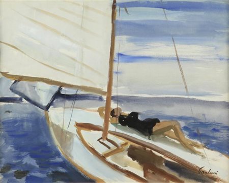 ENRICO PAULUCCI (1901-1999) Sul mare 1931 tempera su carta cm 33x41 firmato...