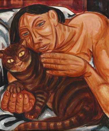 GIUSEPPE MIGNECO (1908-1997) Donna con gatto 1975 olio su tela cm 65x54...