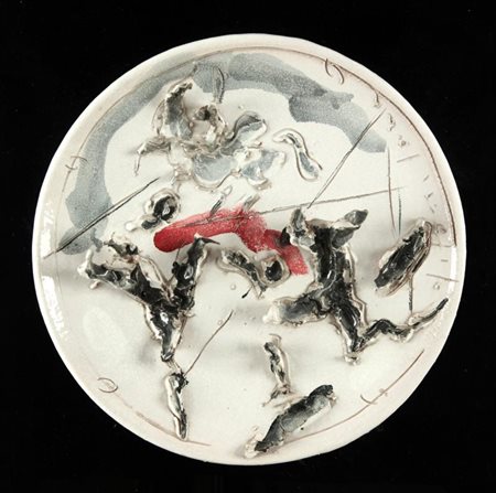 LUCIO FONTANA (1899-1968) Battaglia 1950-55 ceramica colorata diametro cm...