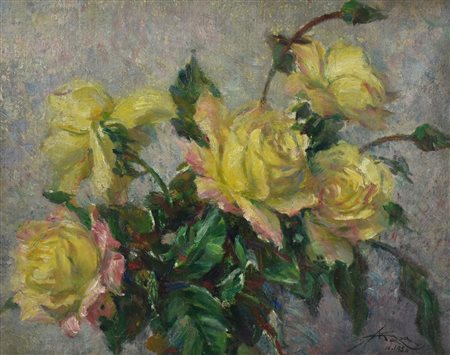 Aldo Mazza MAZZO DI ROSE GIALLE olio su masonite, cm 42x32,5 firma e data sul...