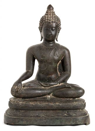 SCULTURA DI BUDDHA IN BRONZO<br>Thailandia, probabilmente XV secolo