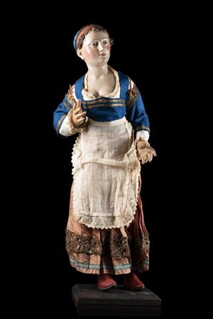 Arte napoletana, secolo XIX "Popolana" figura da presepe in terracotta e legno