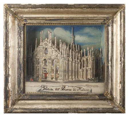 Arte del secolo XIX "Veduta del Duomo di Milano" teca con sfondo dipinto e arch