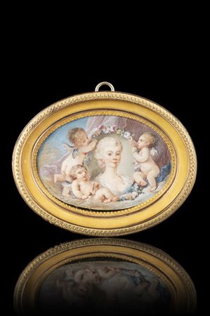 Cerchia di Francois Boucher, secolo XVIII "Ritratto femminile con putti in un p