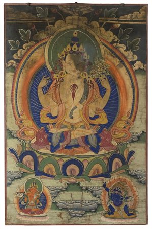 Thangka raffigurante Buddha e divinità (difetti)
Tibet, secolo XIX
(cm 58,5x38