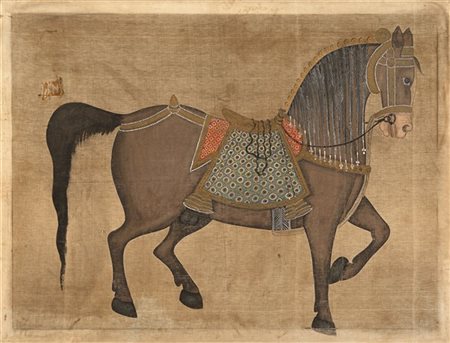 Cavallo bardato dipinto su tela, in cornice moderna (difetti)
Manifattura india