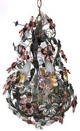 Lampadario con fiori di cristallo a margherita, anni 50. H cm 56
