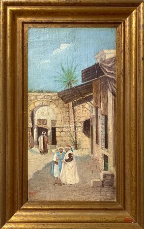 Dipinto orientalista, olio su tela applicata a tavola raffigurante Tunisi, Le...