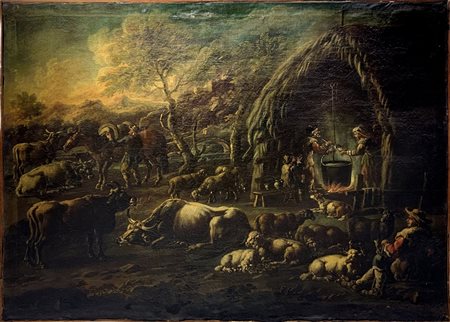 Dipinto ad olio su tela raffigurante paesaggio con armenti e pastori nella...