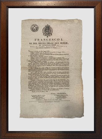 Decreto Reale 1826 di Francesco I, Re del Regno delle due Sicilie. Cm 40x25,...