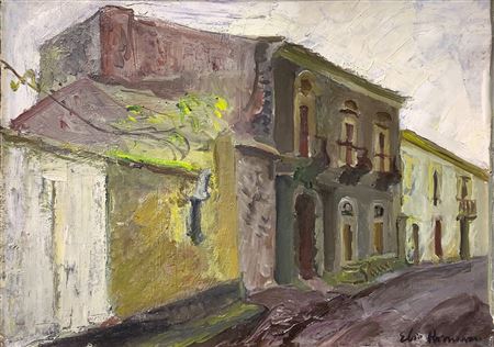 Dipinto ad olio su tela, Elio Romano (Trapani, 1909 – Catania, 1996), strada...