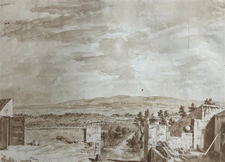 Disegno di autore anonimo raffigurante paesaggio di campagna con casolare,...