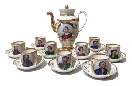 Servizio da caffè in porcellana con raffigurazione di personaggi illustri...