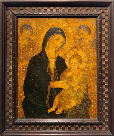 Dipinto a tempera su terracotta raffigurante Madonna con Gesù Bambino e...