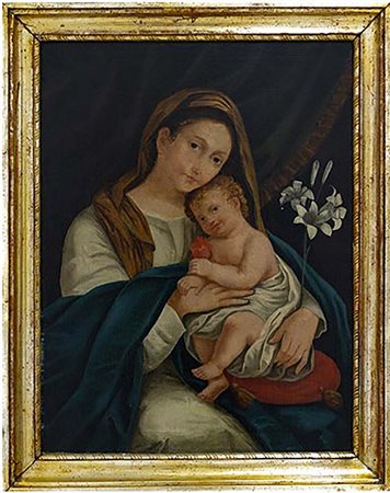 Dipinto ad olio su tela raffigurante Madonna con bambino e gigli, XIX Secolo....